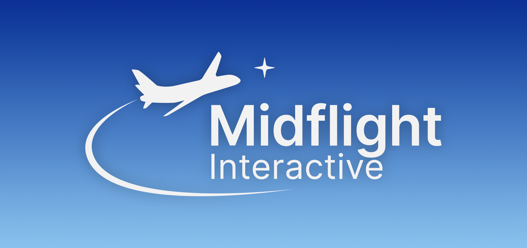 "Midflight Interactive" surrounded by a trail leading to a plane, leading to a star, placed above the dot of the first "i" in Midflight.