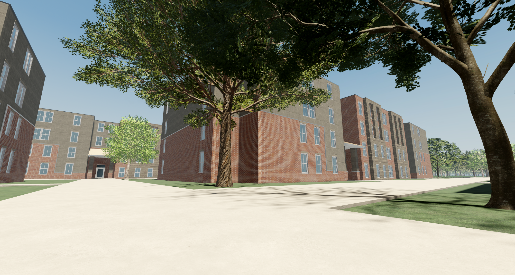 Inside the apartment complex, with other buildings.