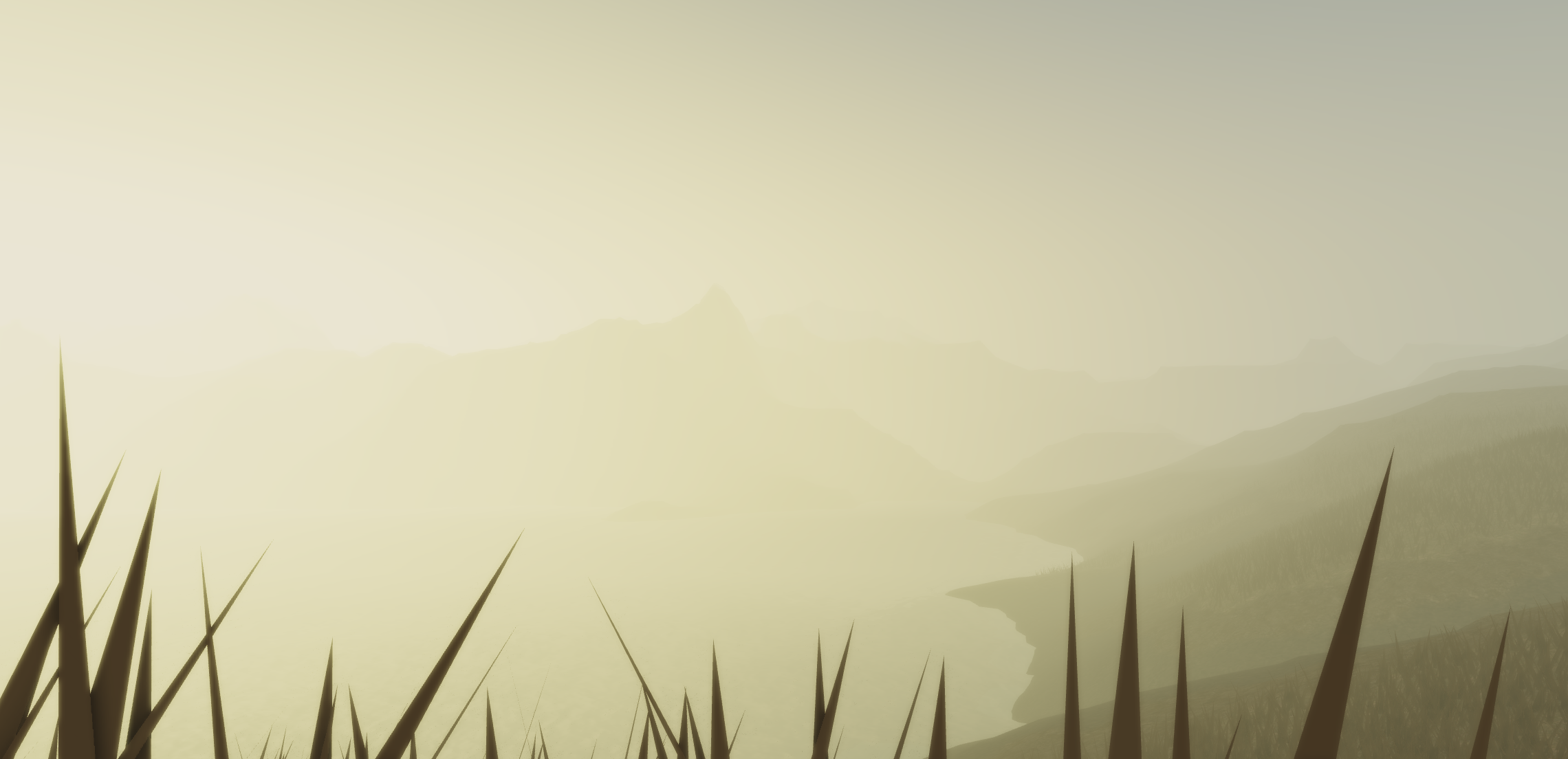 Some foreign world. Hills, with a lake at bottom; thick atmosphere.