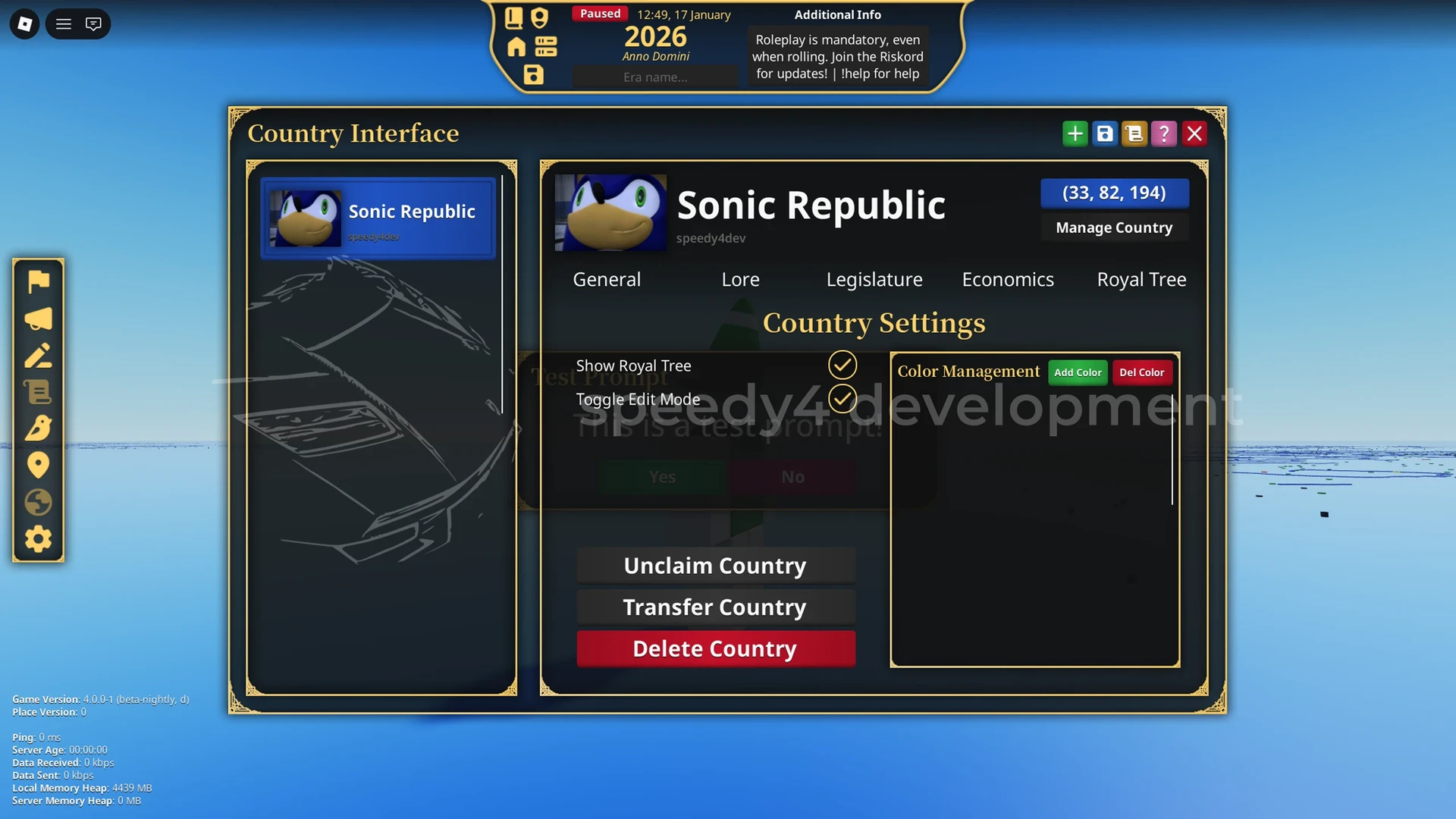 Country UI; most important UI in the game, second to the brush. Create & manage countries with this.