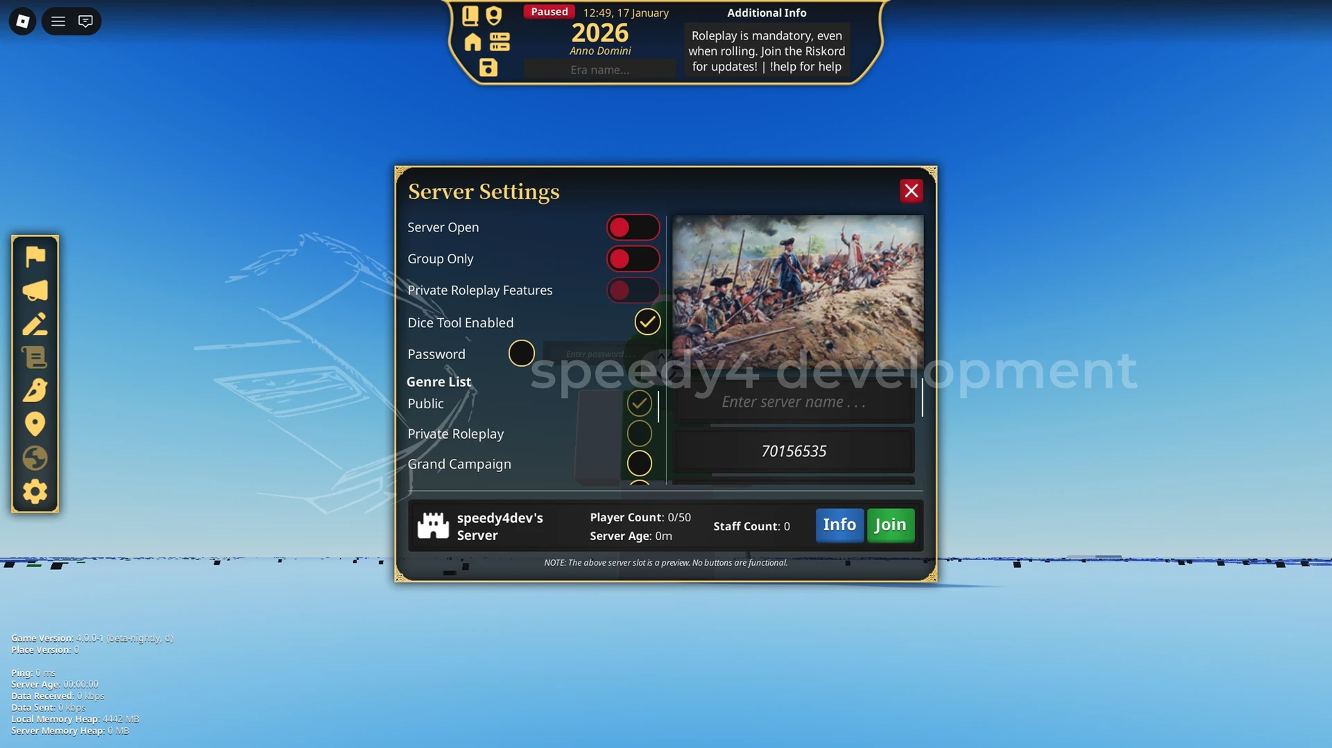 Server settings menu.