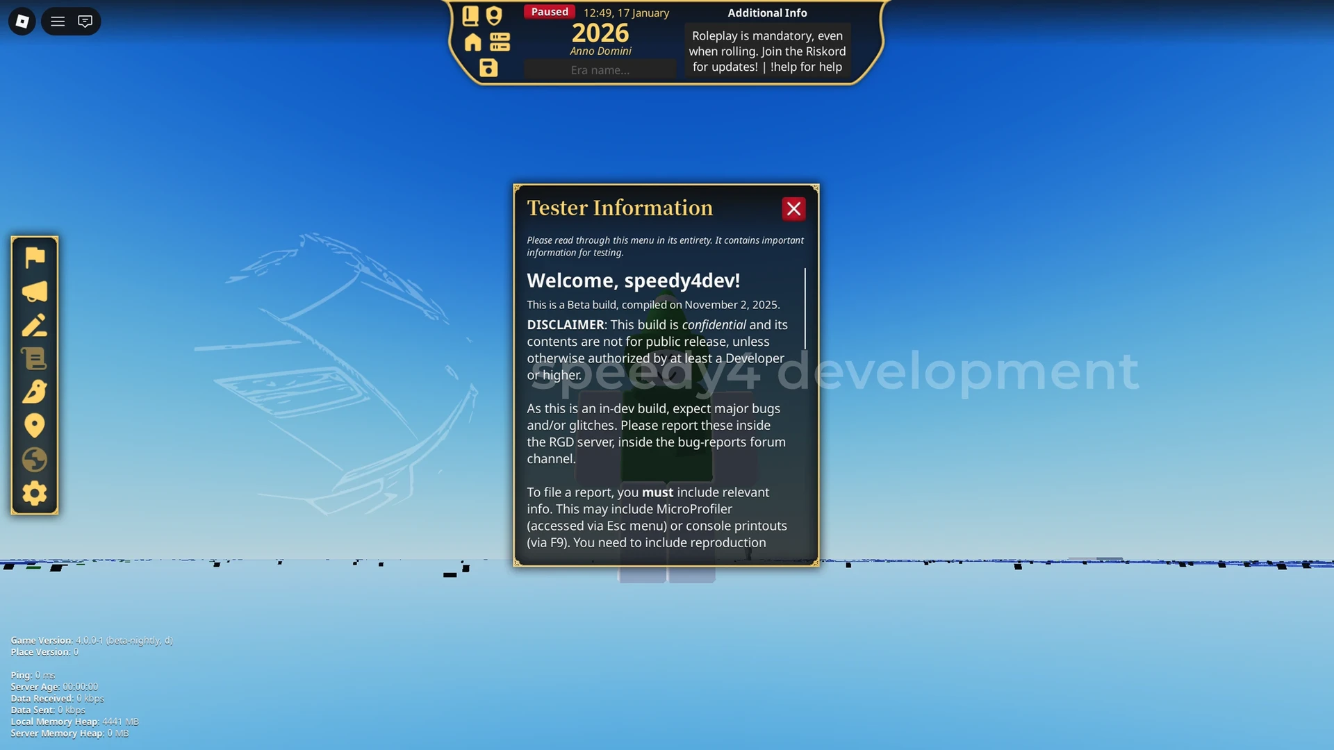Tester briefing. This was shown on-join to everyone.