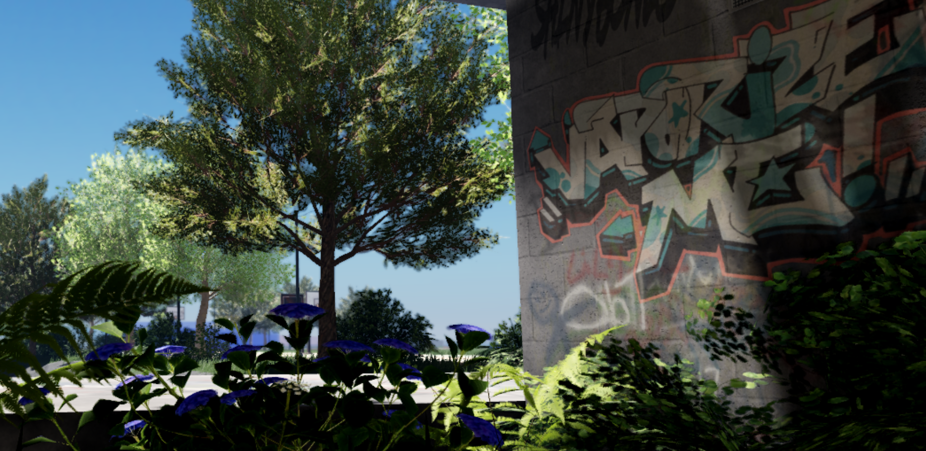 Inside the city park, looking out under shade.