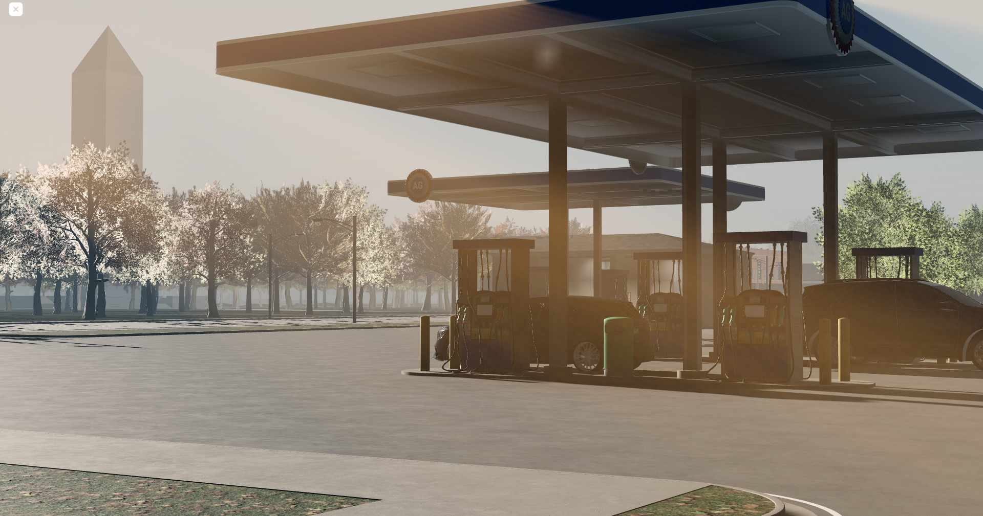 Next to the American Gas station. Sunrays visible. Fall, late afternoon.