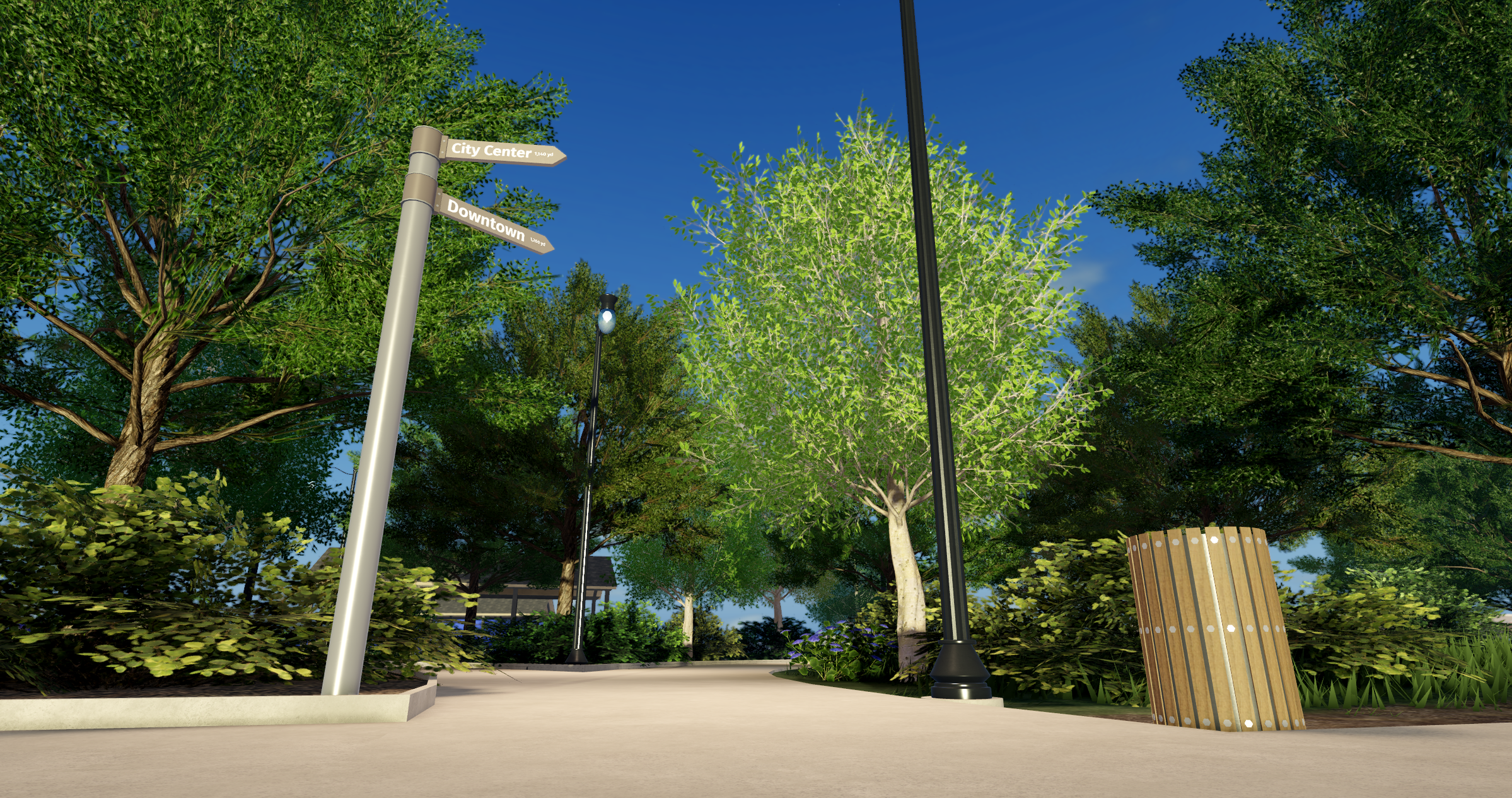 Just outside the city park, looking in. Late afternoon.