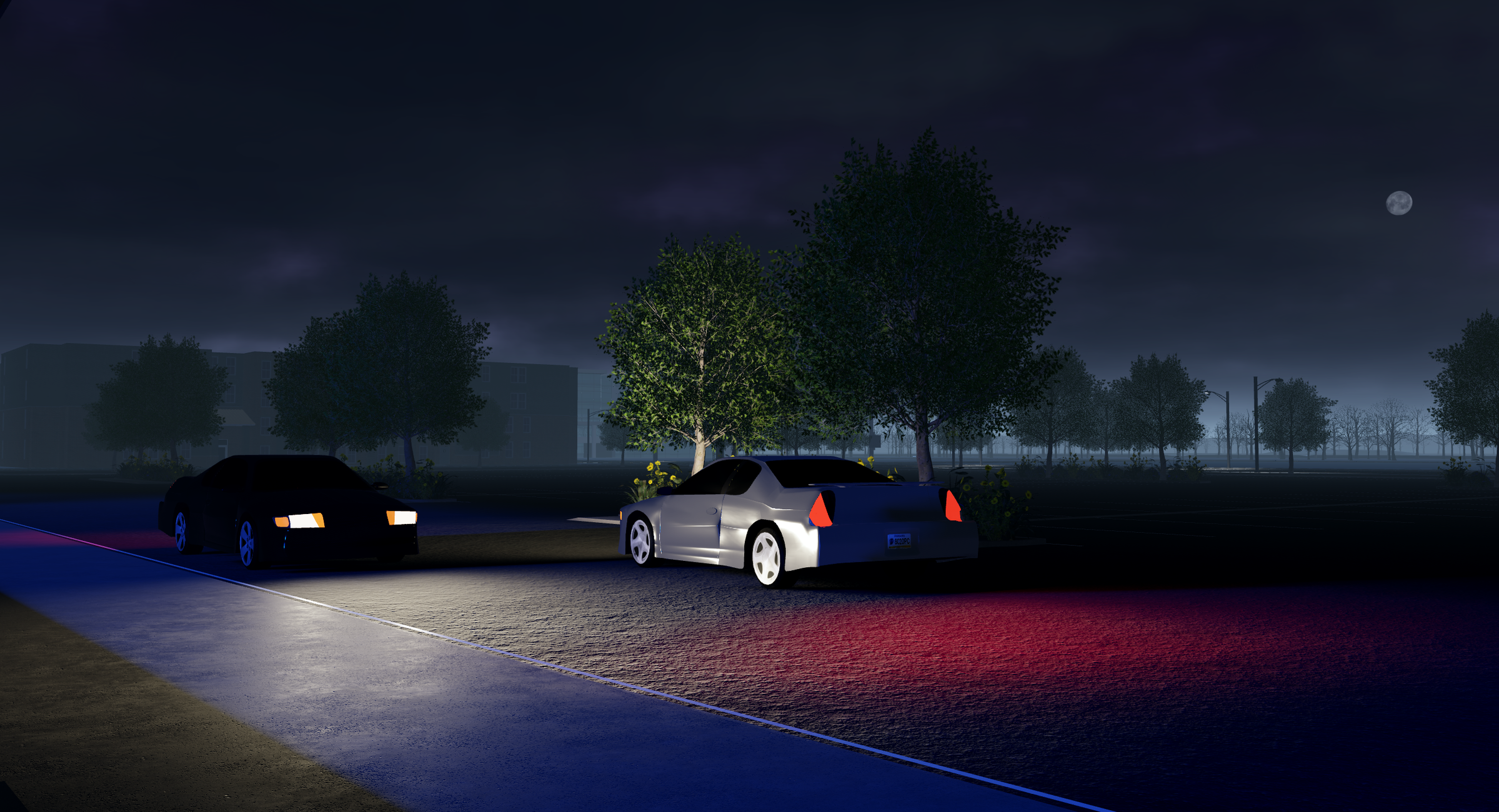 Just outside the spawn dealership. Night.