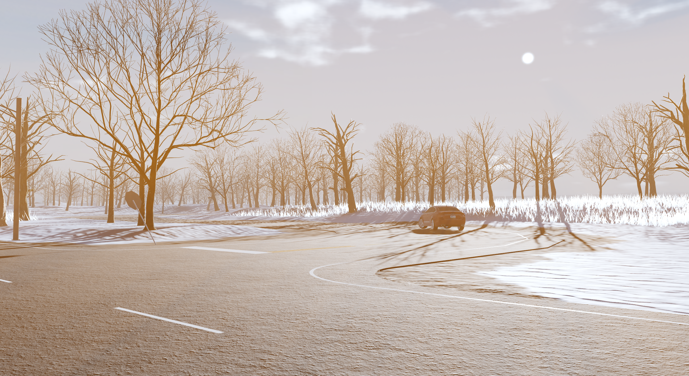 Just off of the main highway, in winter. Late afternoon.
