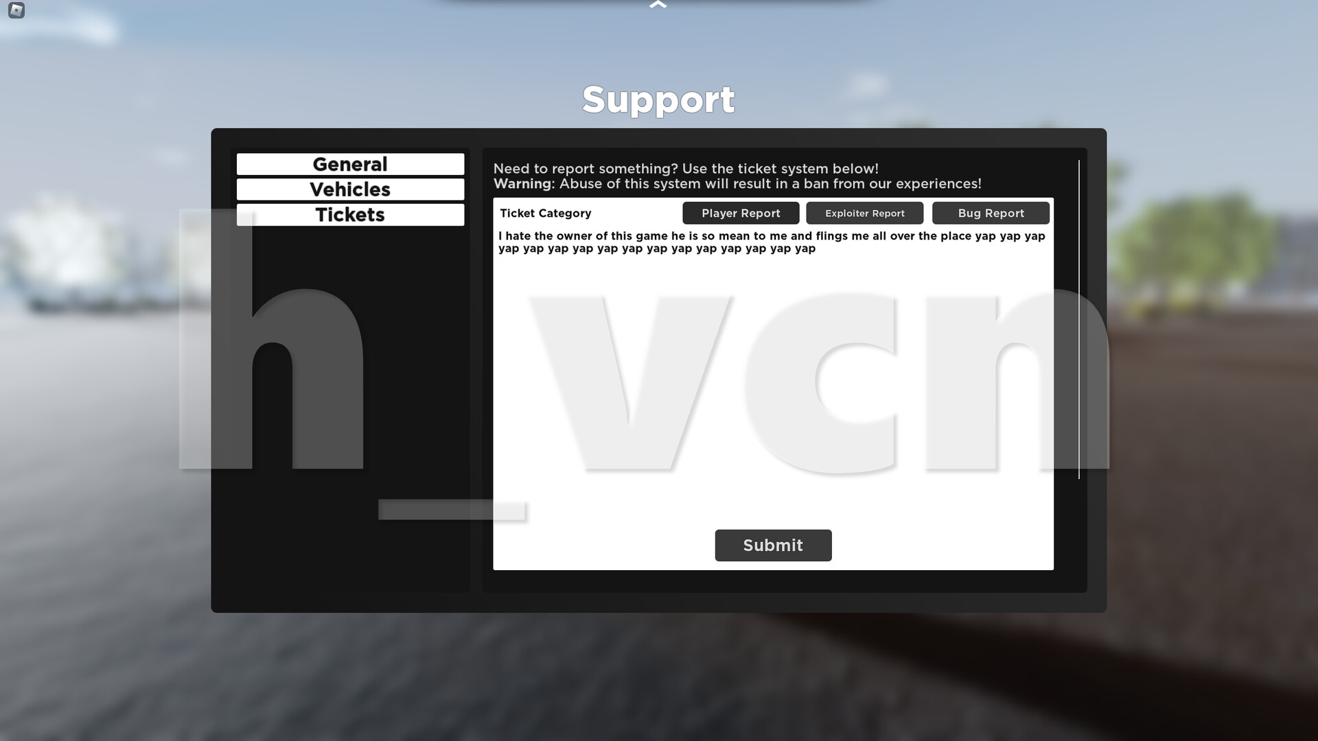 Support menu, Tickets tab.