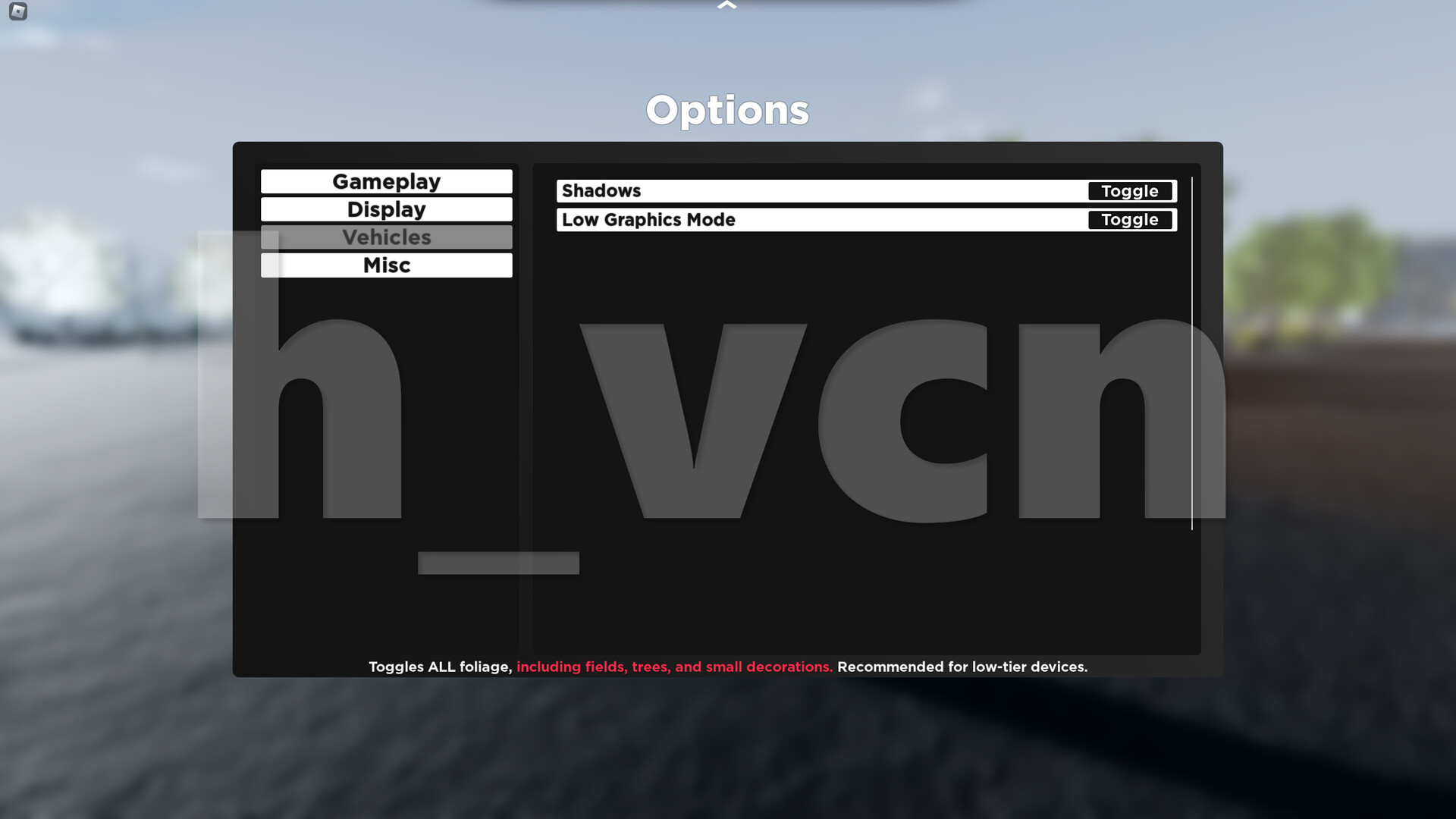 Options menu, Display tab.