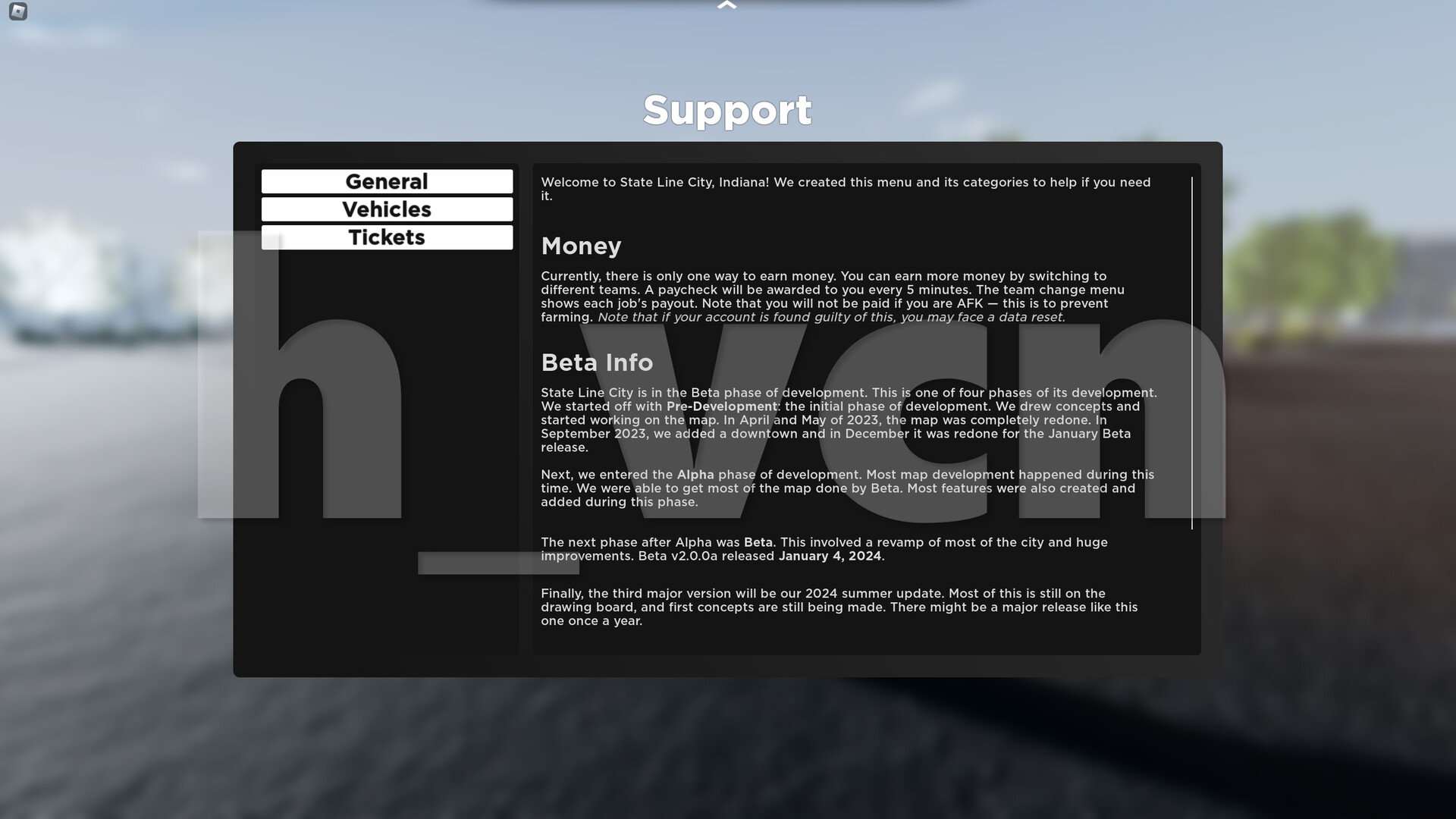Support menu, General tab.